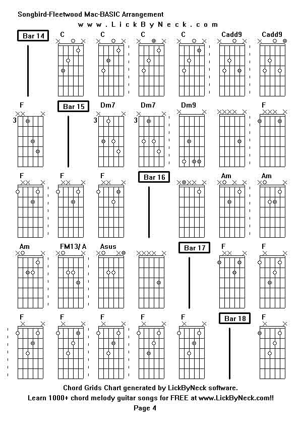 Chord Grids Chart of chord melody fingerstyle guitar song-Songbird-Fleetwood Mac-BASIC Arrangement,generated by LickByNeck software.